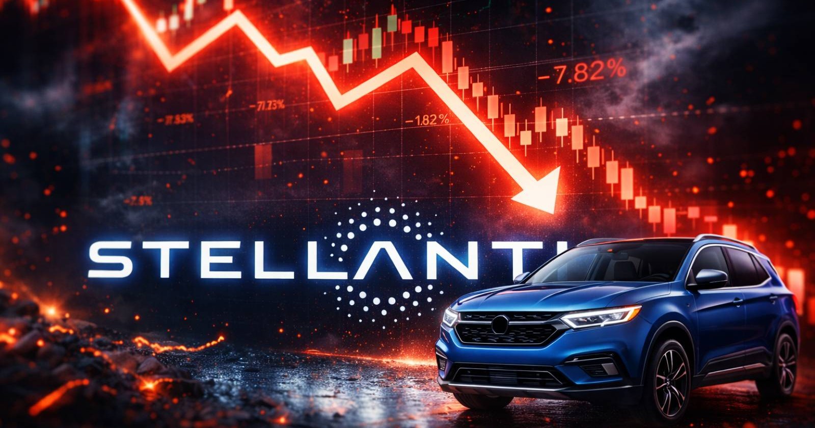 Logo von Stellantis mit einem Auto vor fallenden Aktien