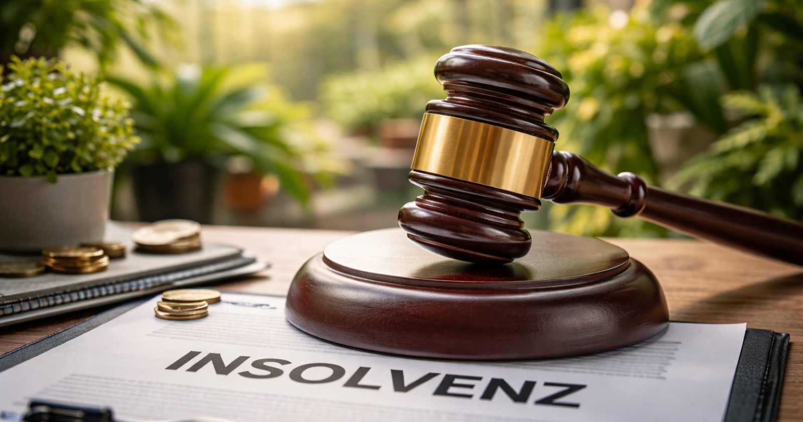 Richterhammer auf Tisch mit Insolvenzunterlagen und Münzen, Symbolbild zur Insolvenz der Waude Gardens GmbH in Lienz.