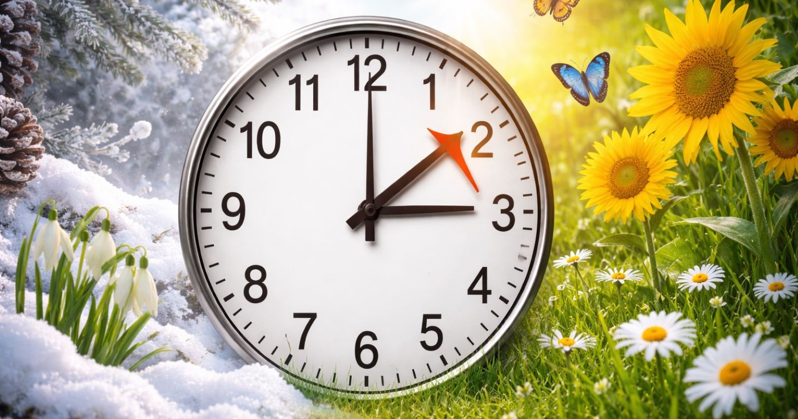 Analoguhr bei der Zeitumstellung auf Sommerzeit 2026, Uhrzeiger wird von 2 auf 3 Uhr vorgestellt, Symbolbild für Übergang von Winter zu Frühling.