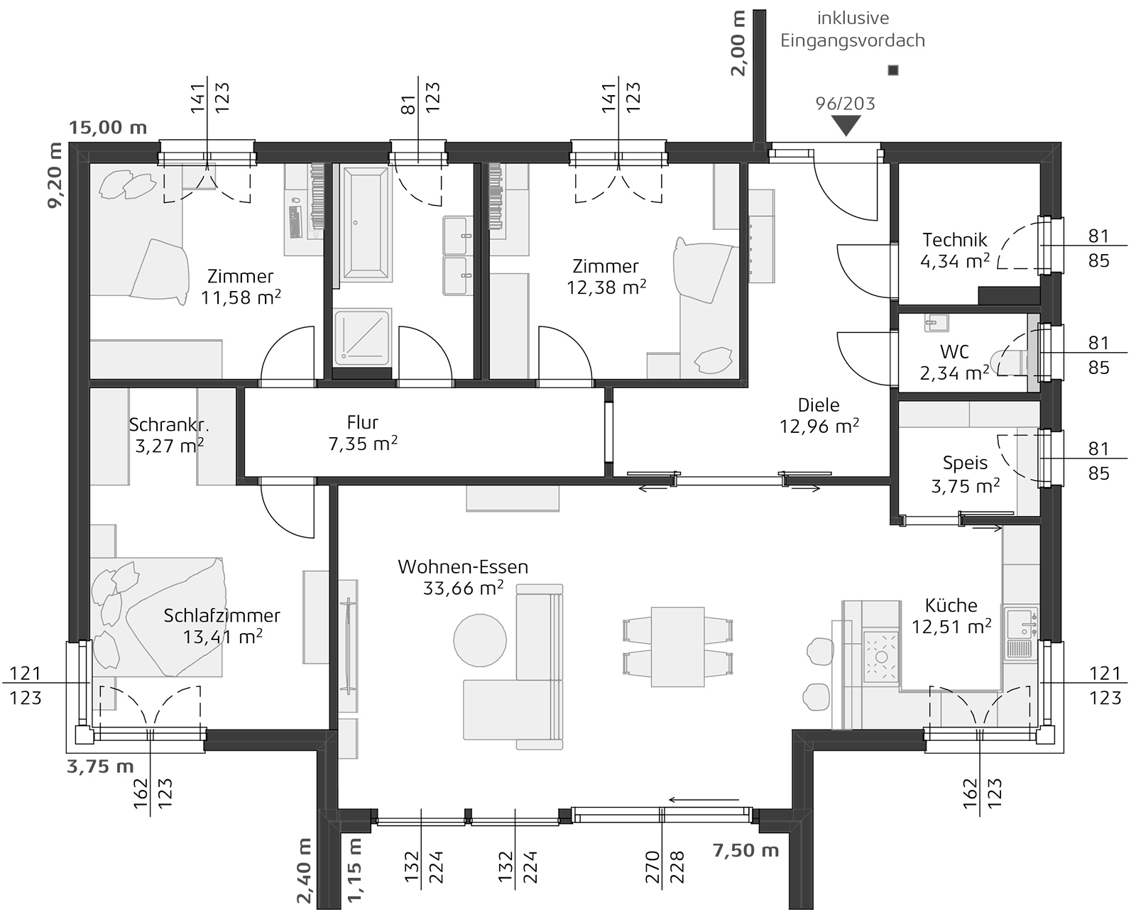 Grundriss zum Haus-Modell Classic 124 | Credit: Hartl Haus