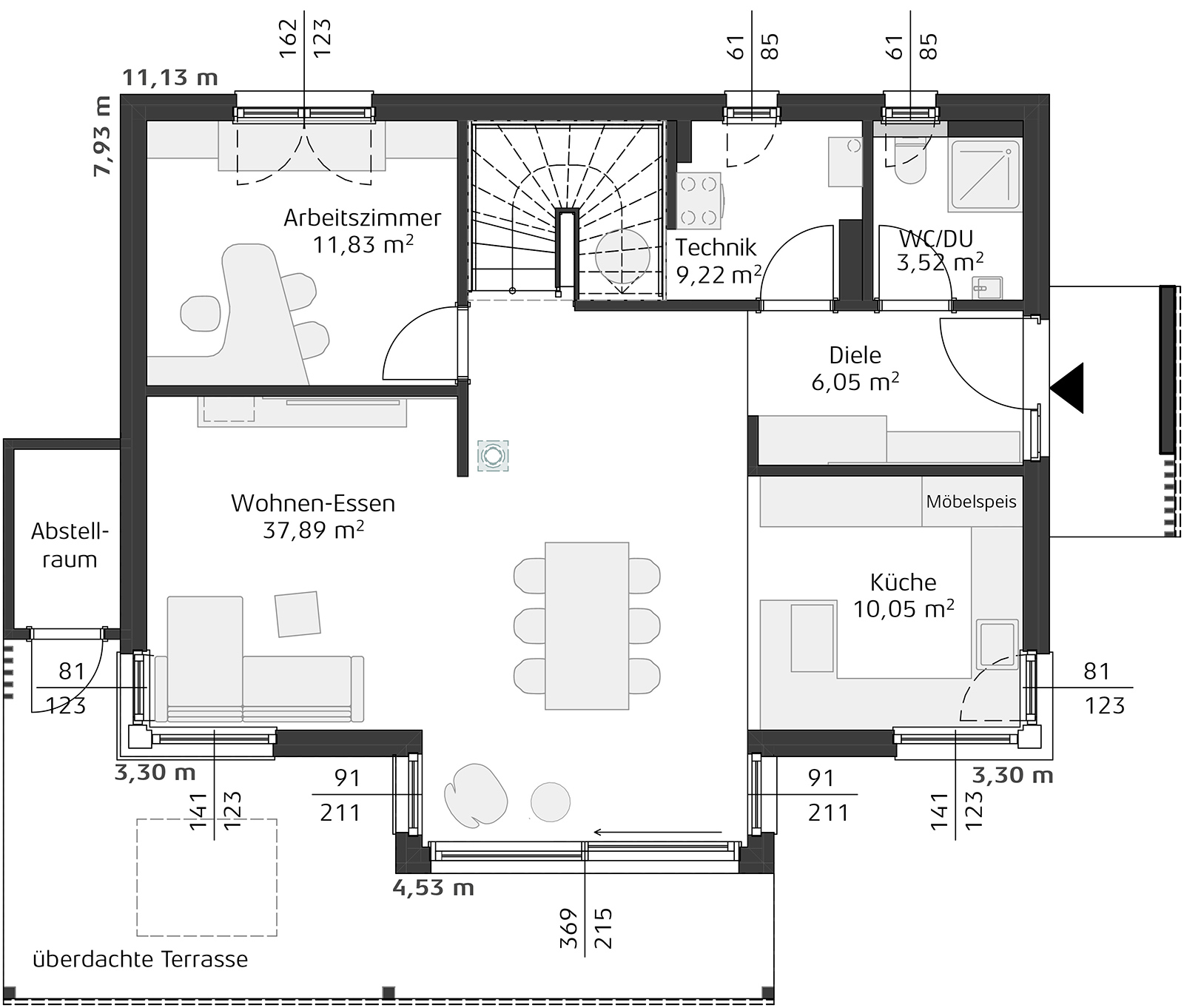 Grundriss zum Erdgeschoss des Wohnhauses Trend 156 W - New Life | Credit: Hartl Haus