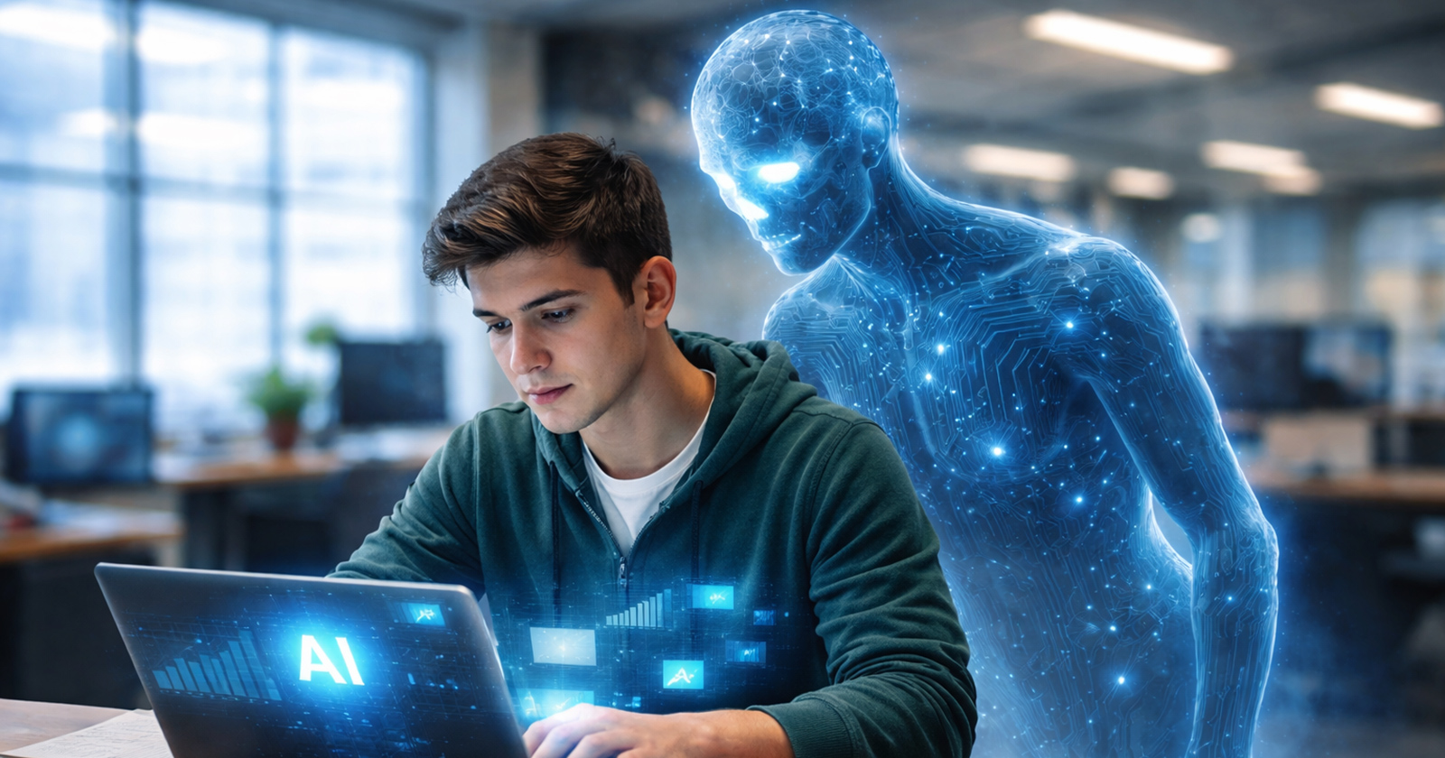 Junger Mann am Laptop bei der Nutzung von KI | Credit: Trainingday