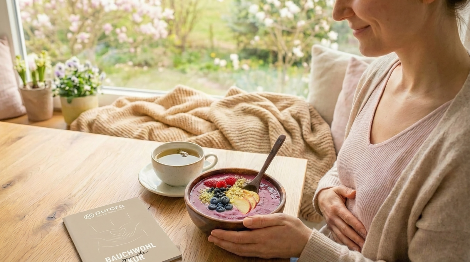 Junge Frau beim Genuss eines Haferbreis mit Früchten und Nüssen | Credit: Purora