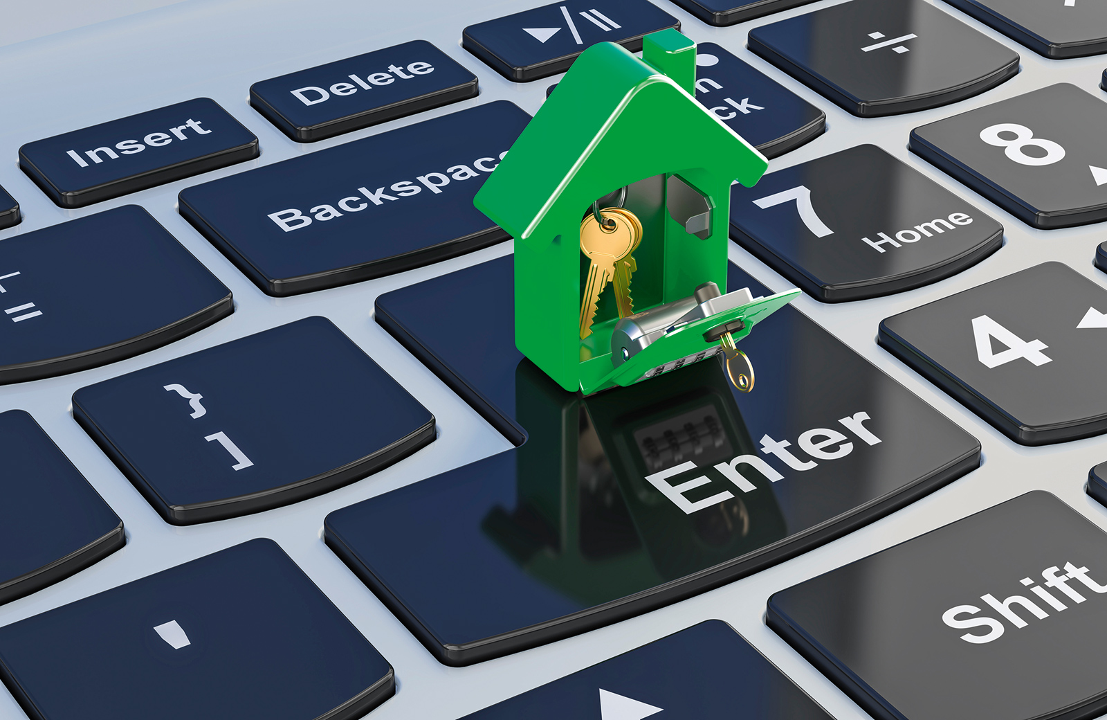 Miniatur-Haus auf Tastatur eines Laptops | Credit: iStock.com/natatravel
