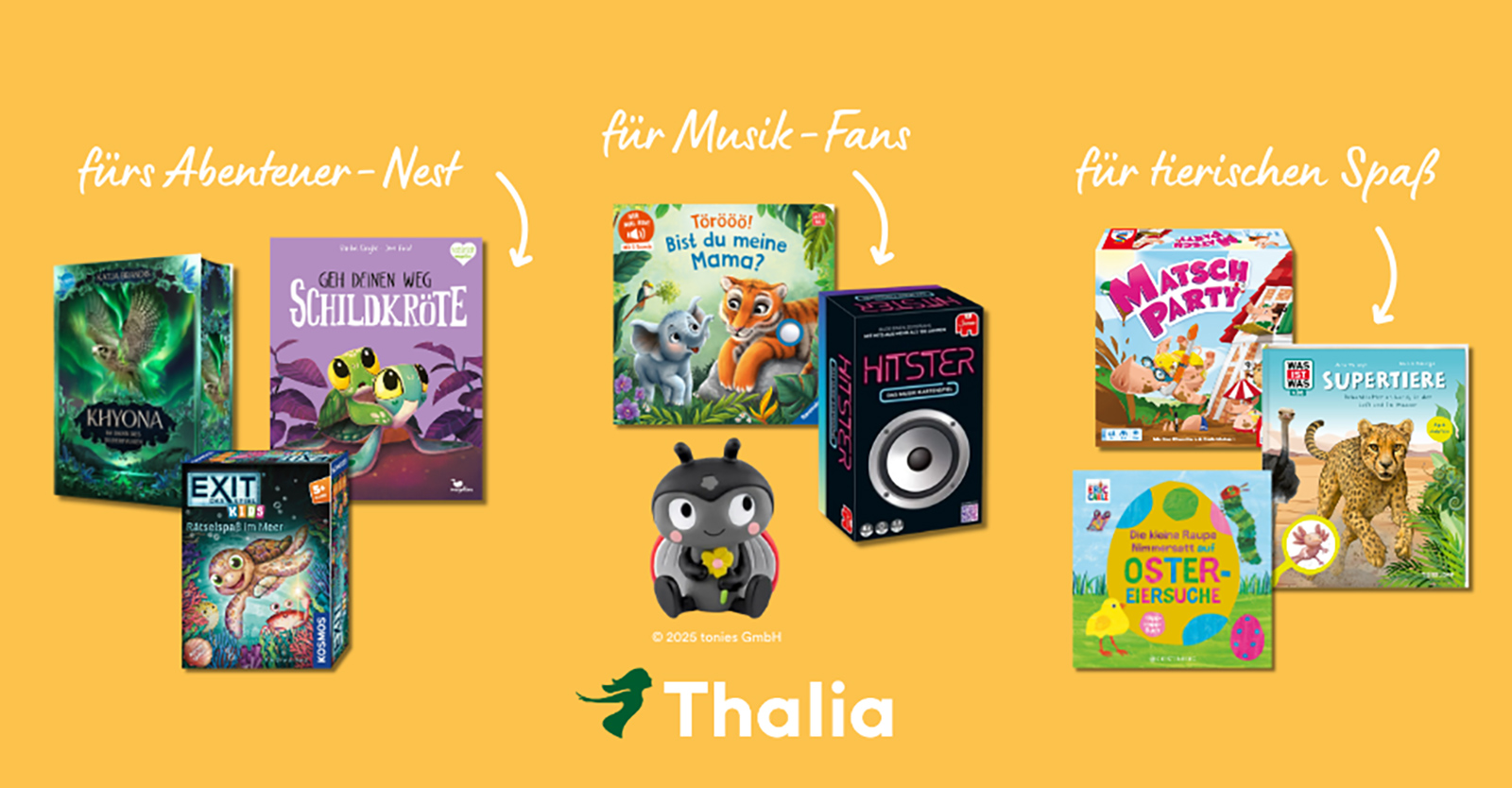 Reihe an Büchern vor gelbem Hintergrund | Credit: Thalia