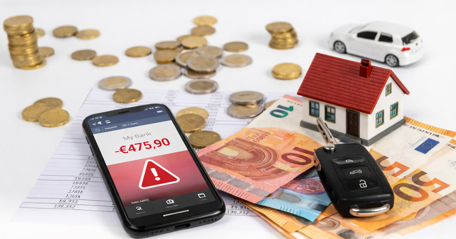 Euro-Geldscheine mit Miniaturhaus, Autoschlüssel und Smartphone drauf | Credit: Trainingday