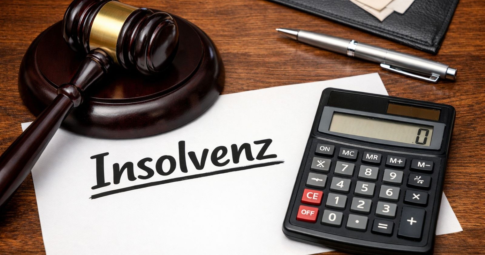 Hammer, ein Zettel an dme Insolvenz geschrieben steht und ein Taschenrechner um die Insolvenz der Edtmayer Systemtechnik GmbH zu illustrieren