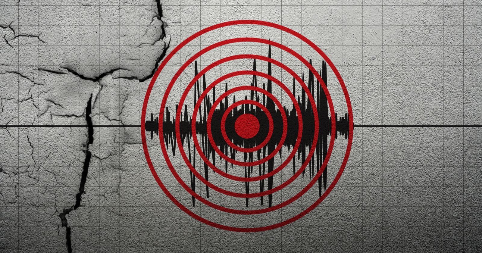 Symbolbild eines Erdbebens mit roten Kreisen um ein Epizentrum und schwarzer seismischer Wellenform auf rissigem Untergrund. Themenbild für Erdbeben bei Ätna