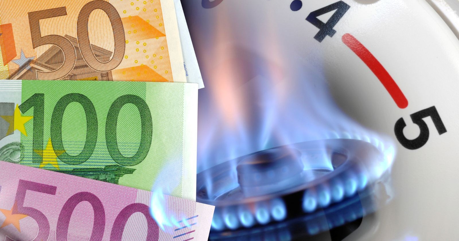 Gasflamme mit Euro-Banknoten und Anzeige als Symbol für steigende Gaspreise und Energiepreise in Europa
