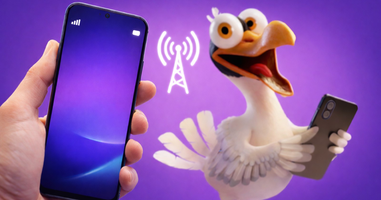 Hörbi Mobilfunk Maskottchen mit Smartphone und Mobilfunk-Symbol – neuer Diskontanbieter mit günstigen Handytarifen im Drei-Netz in Österreich.