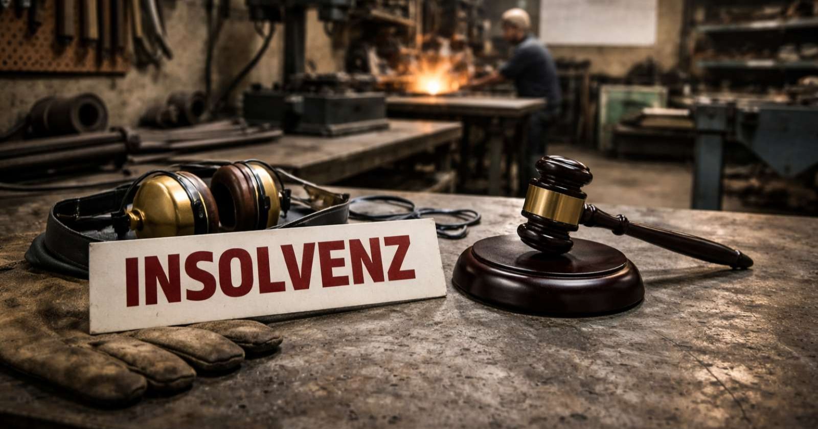 Insolvenz-Schild in einer Werkstatt um die Insolvenz der Karl Lang &amp; Sohn Metallbautechnik GmbH zu symbolisieren