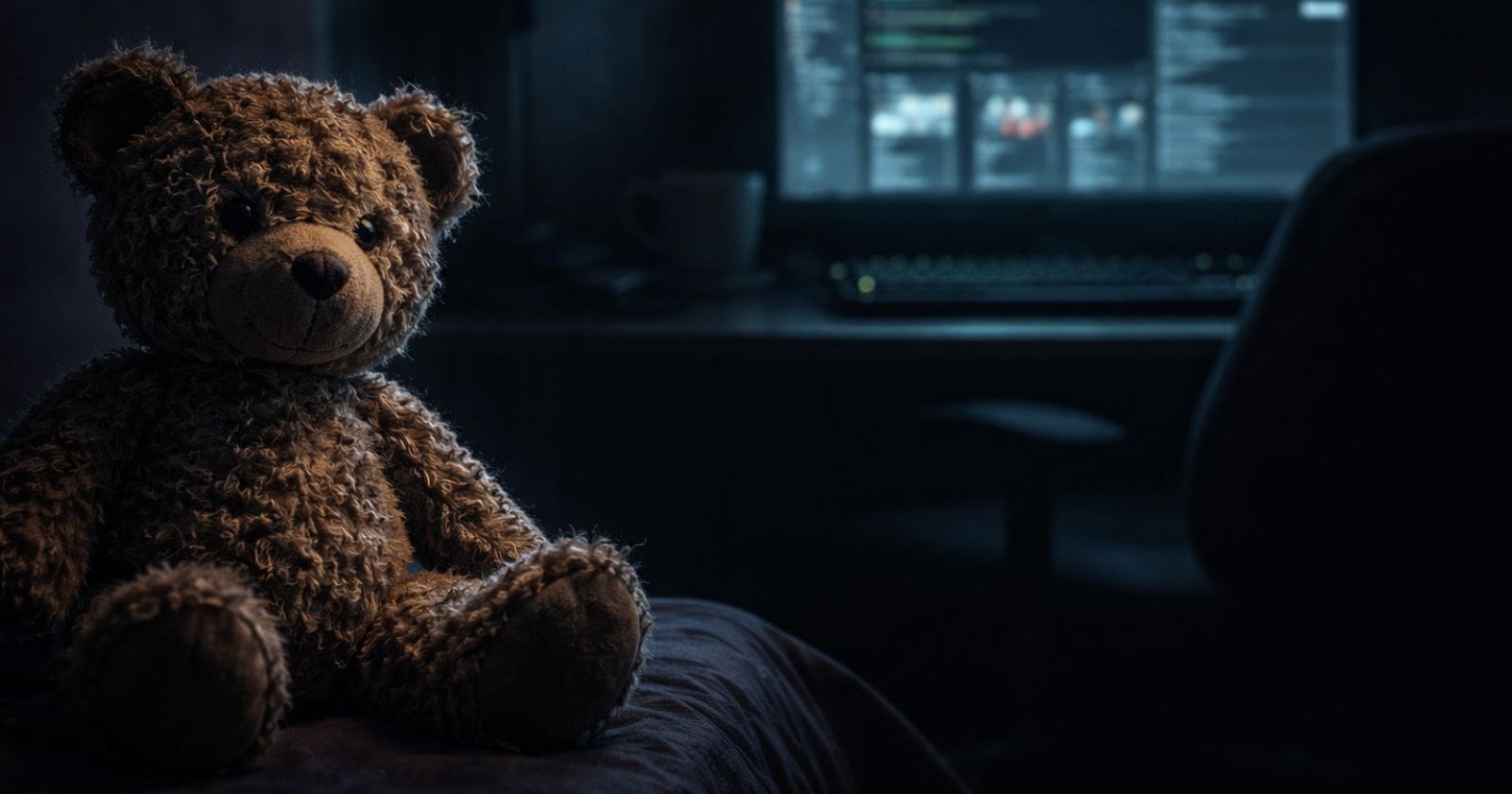 Teddybär in dunklem Kinderzimmer vor Laptop als Symbol für Kärnten Babysitter Darknet Fall