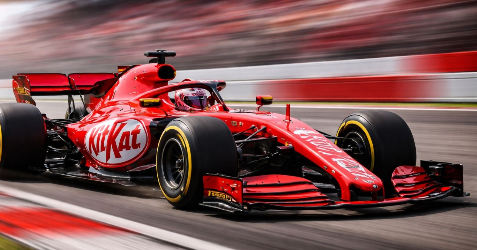 Roter Formel-1-Rennwagen mit KitKat Branding auf der Rennstrecke als Symbol für das KitKat Gewinnspiel in Österreich