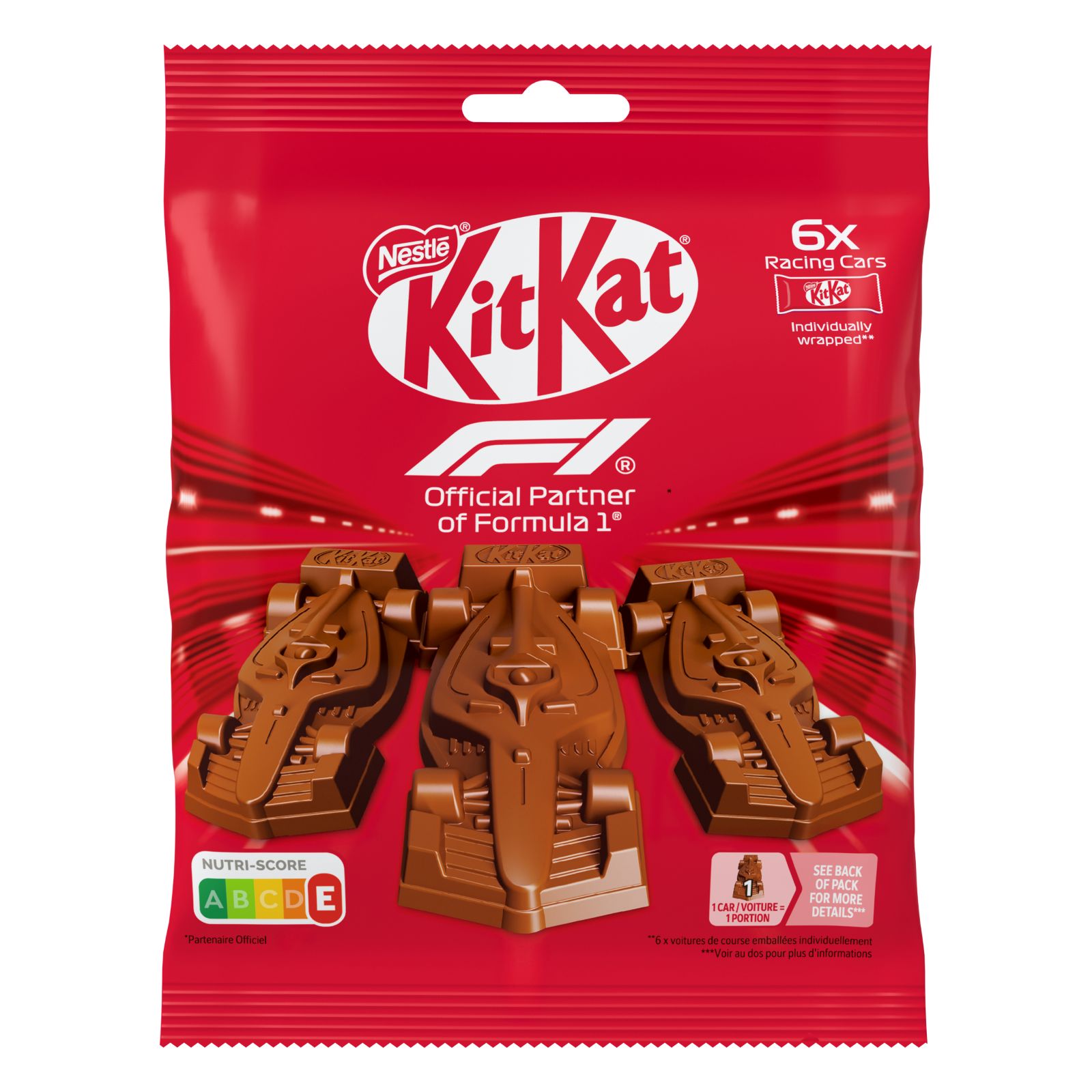 KitKat Verpackung mit Formel-1-Design und Schokolade in Rennwagenform als Teil der KitKat Formel 1 Partnerschaft.
