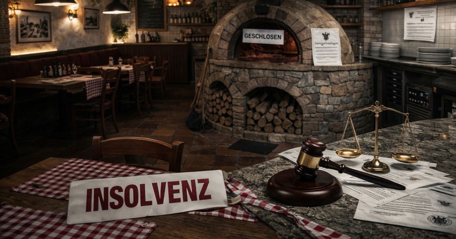 Insolvenzschild vor einem Pizzaofen als Themenbild für die Pleite der Pizzeria Isola Capri in Dornbirn