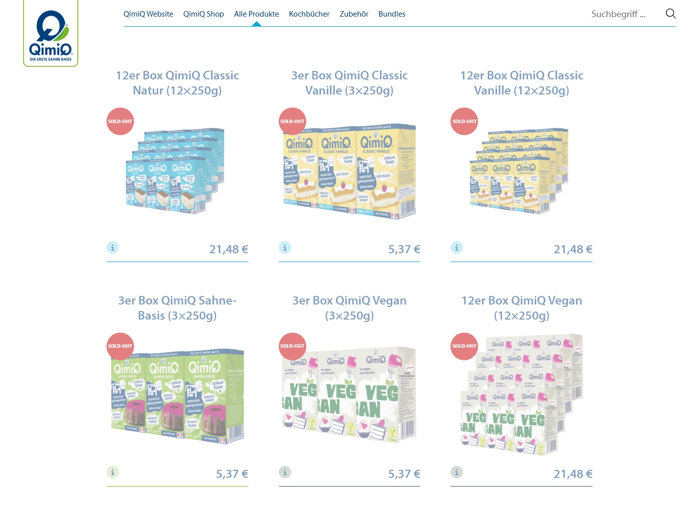 Qimiq Produkte im Online-Shop als ausverkauft markiert – Sahnebasis aktuell nicht verfügbar.
