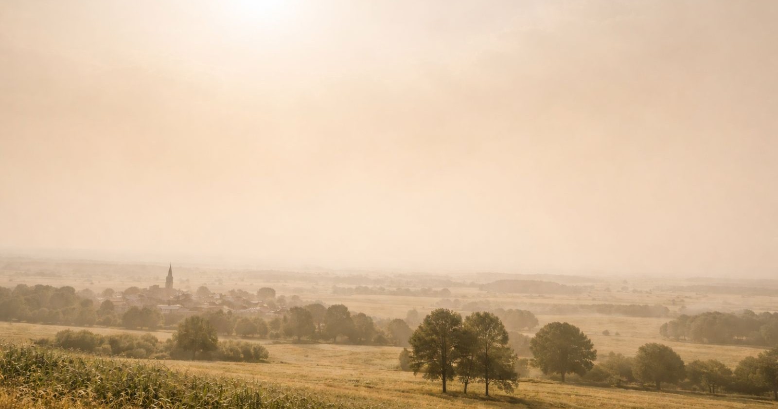 Diesiger Himmel durch Saharastaub über einer Landschaft in Österreich mit gelblicher Atmosphäre und eingeschränkter Fernsicht.
