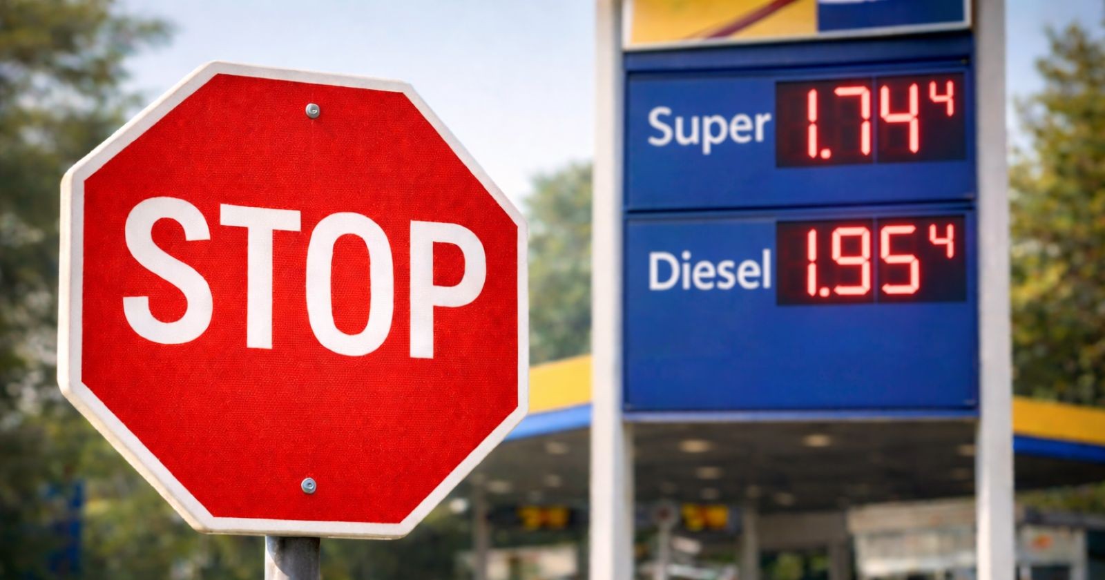 Spritpreise Österreich: Tankstelle mit Benzin- und Dieselpreisen sowie Stop-Schild vor steigenden Treibstoffpreisen.