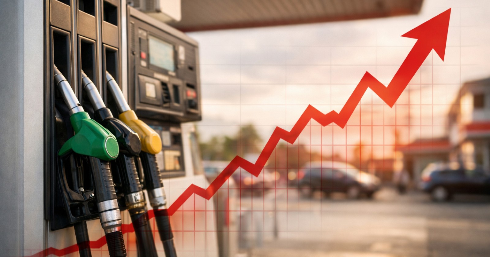 Zapfpistolen an einer Tankstelle, roter Pfeil nach oben symbolisiert: spritpreise steigen bei Diesel und Super in Österreich.