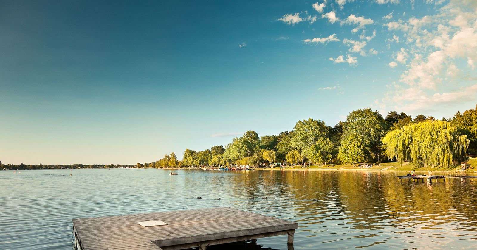 Idyllischer See an einem sonnigen Tag mit Stegzugang | Credit: Neufelder Seebetriebe