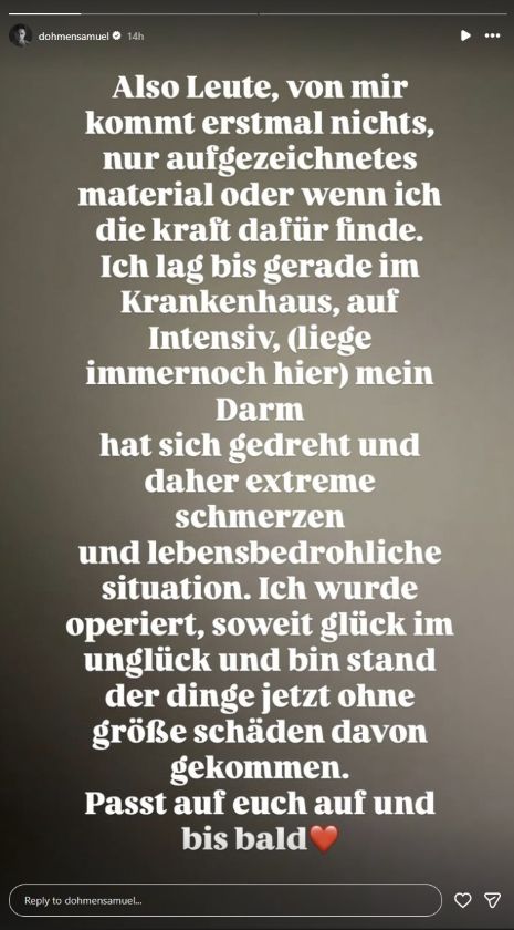 GNTM-Star Samuel Dohmen wurde operiert und meldet sich auf Instagram