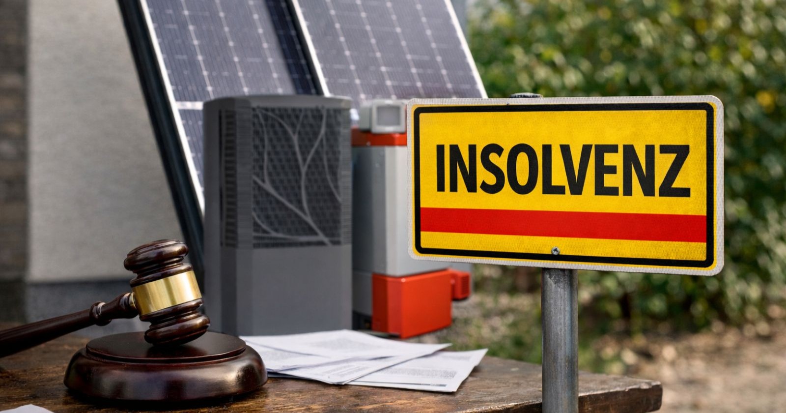 Geräte der Hons Energiesysteme GmbH und einem Schild auf dem Insolvenz geschrieben steht