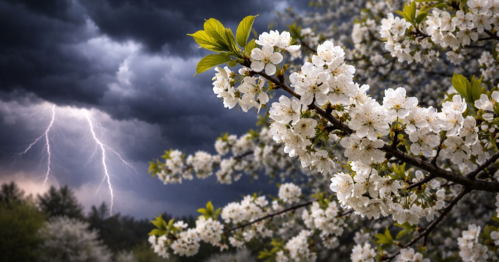 Gewitter mit Blitz über blühenden Frühlingsbäumen – Symbolbild für Unwetter laut hundertjährigem Kalender Ende April