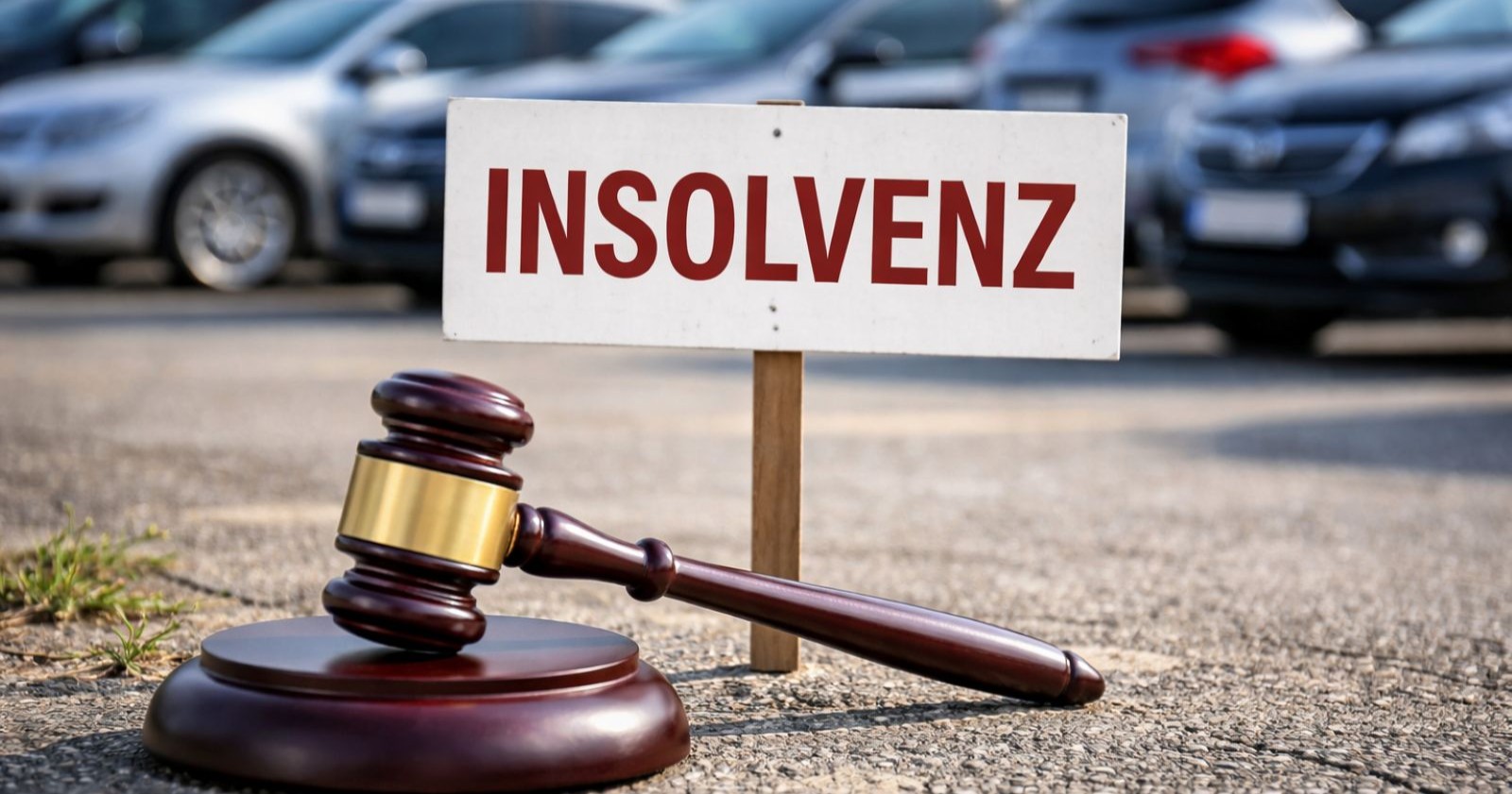 Richterhammer und Insolvenzschild auf einem Parkplatz als Themenbild für die Pleite der Special Rent Steffan GmbH
