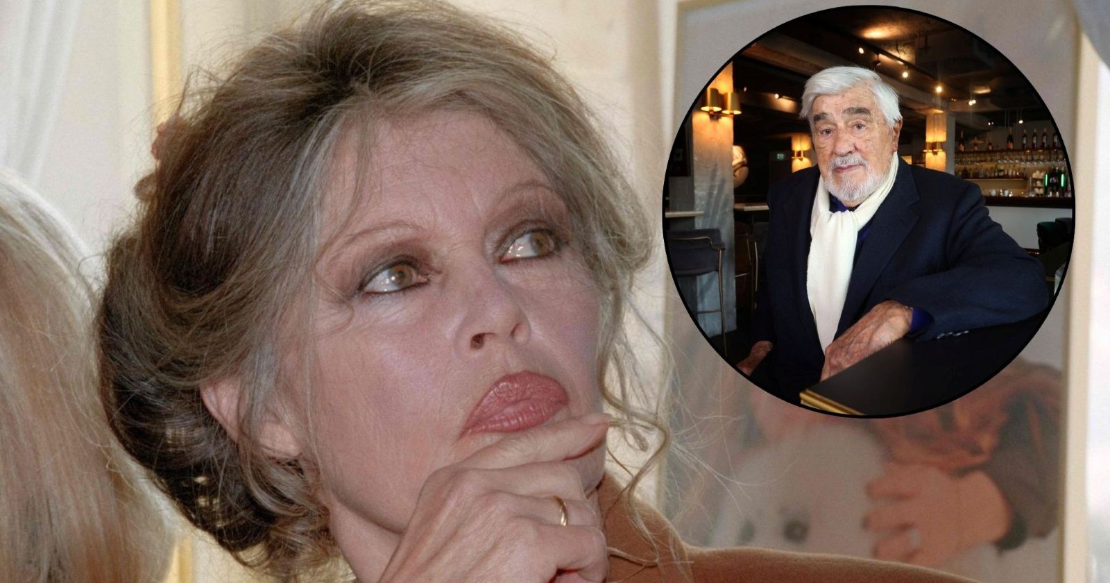 Brigitte Bardot nachdenklich im Porträt, daneben ein Bild von Mario Adorf, der seine Ehefrau Monique über die Schauspielikone kennenlernte