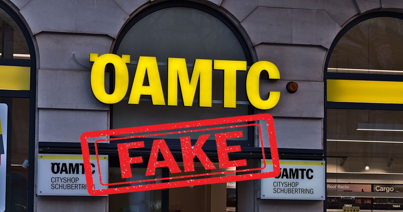 ÖAMTC Logo mit rotem Fake-Stempel als Symbolbild für ÖAMTC Tankgutschein Betrug und Phishing in Österreich