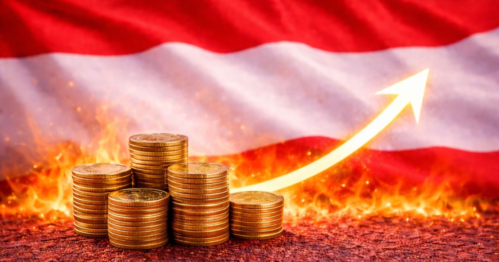 Österreich-Flagge mit Geldstapeln und steigender Kurve symbolisiert wirtschaftliche Kosten und Inflation durch den Iran-Krieg