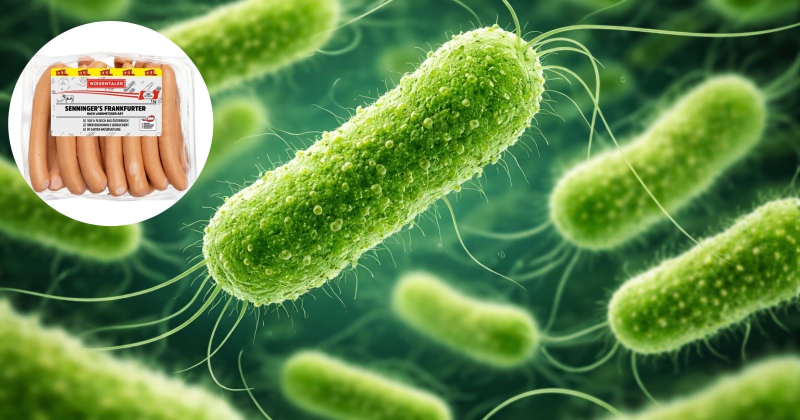 Packung der Wiesentaler Senninger’s Frankfurter (1 kg) neben einem Bild von Listerien