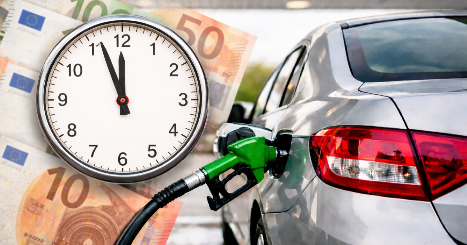 Auto beim Tanken mit Zapfpistole und Uhr auf 12 Uhr im Hintergrund als Symbol für steigende Spritpreise und Zeitdruck beim Tanken.