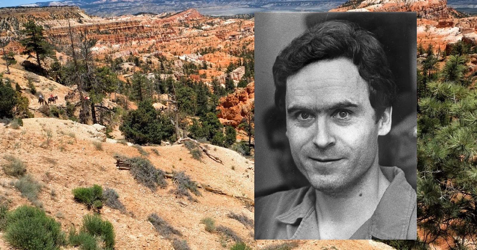 Felsiger Canyon in Utah mit Wanderweg und Bäumen im American Fork Canyon, darüber eingeblendet ein Schwarz-Weiß-Porträt von Ted Bundy, Cold Case um Laura Ann Aime aufgeklärt durch DNA-Analyse