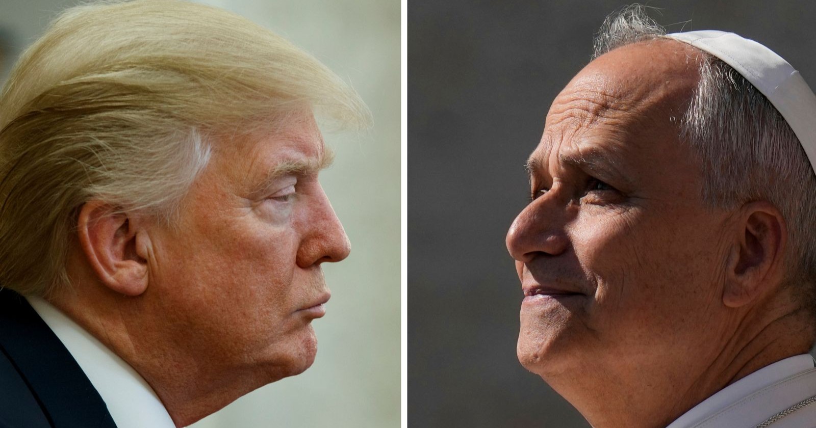 Porträt von Donald Trump und Papst Leo XIV. im Profil einander gegenübergestellt als Symbol für den politischen und religiösen Konflikt