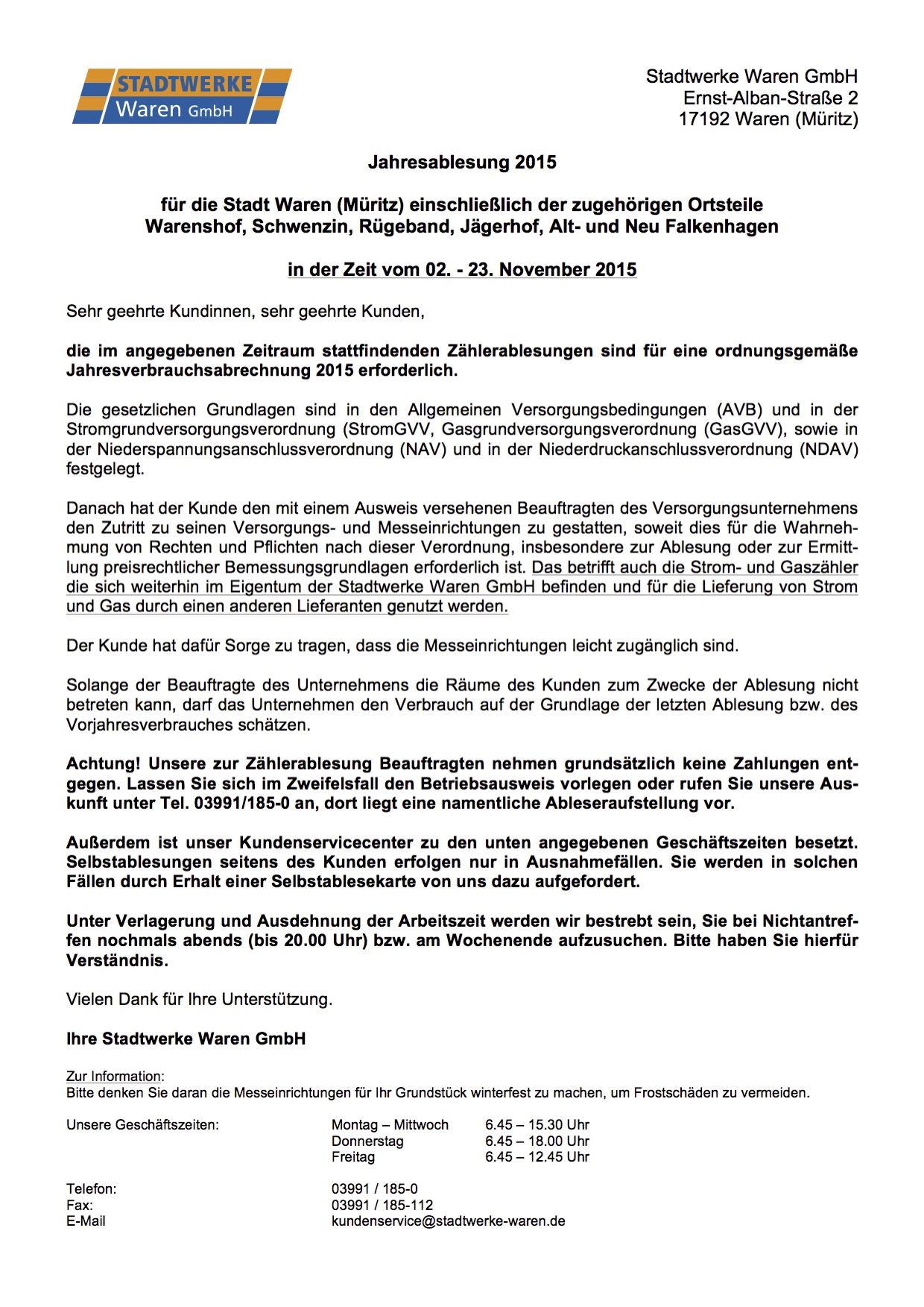 Mitteilung Ablesung 2015 für die Stadt Waren