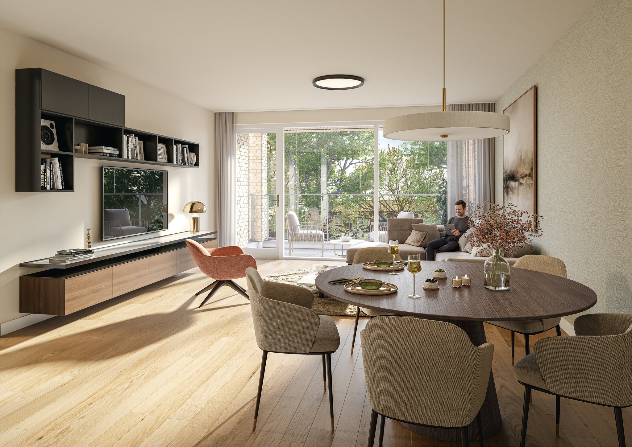 Interieurimpressie van woonkamer met eettafel