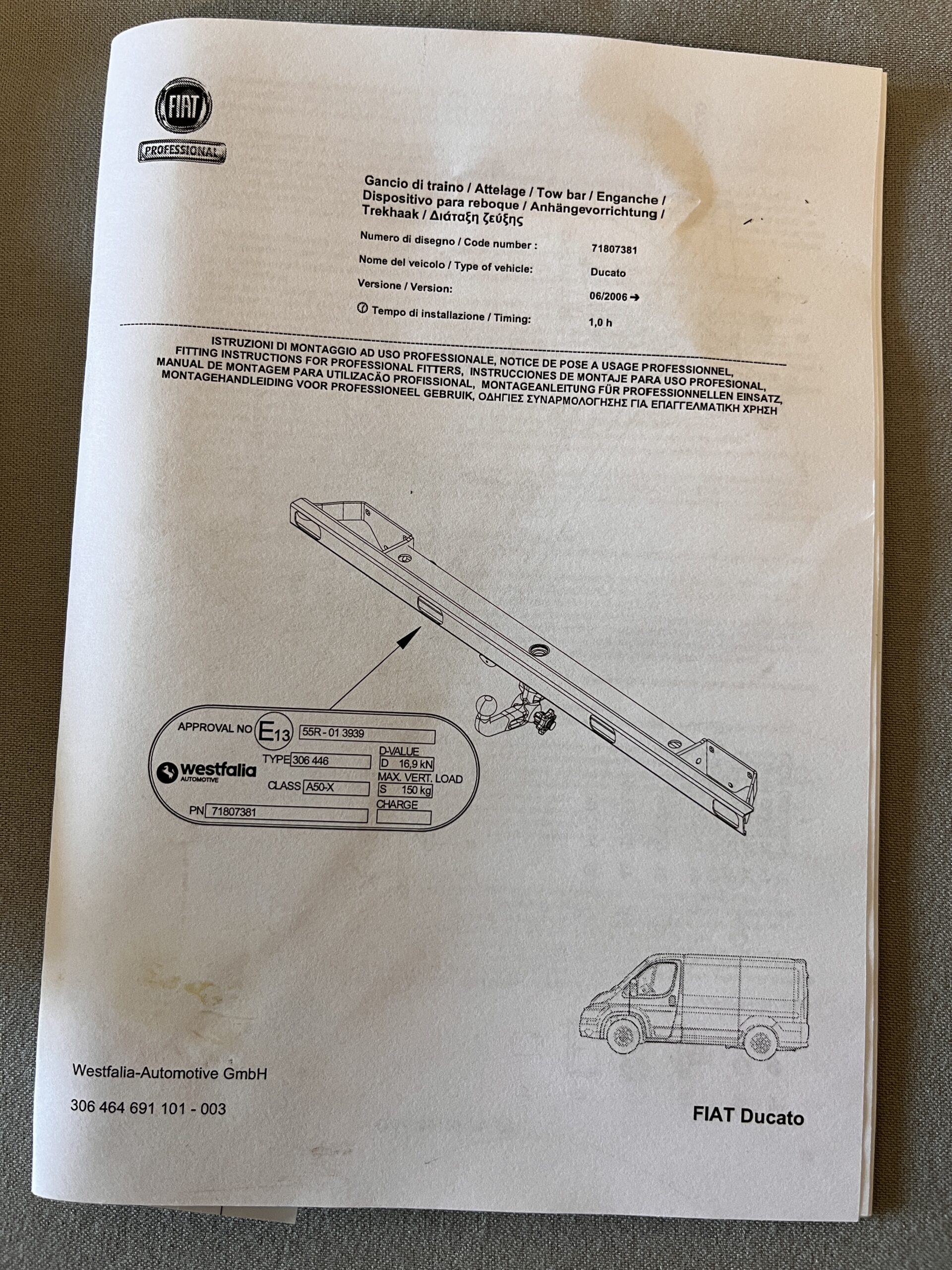 Westfalia Anhängerkupplung Fiat Ducato Code Nummer 71807381