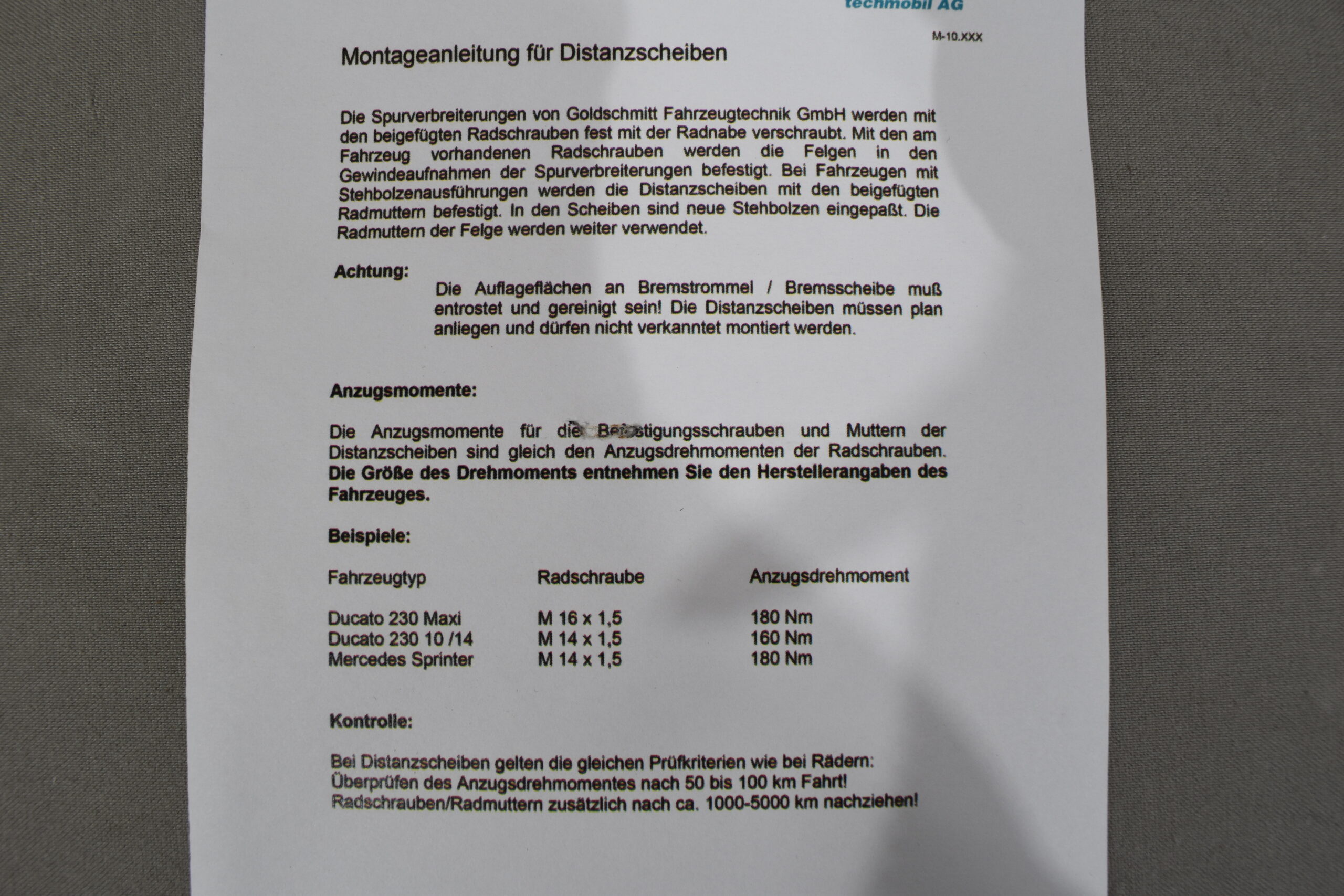 Spurverbreiterung für Ducato 230 Maxi Daily 10/14 und Mercedes Sprinter