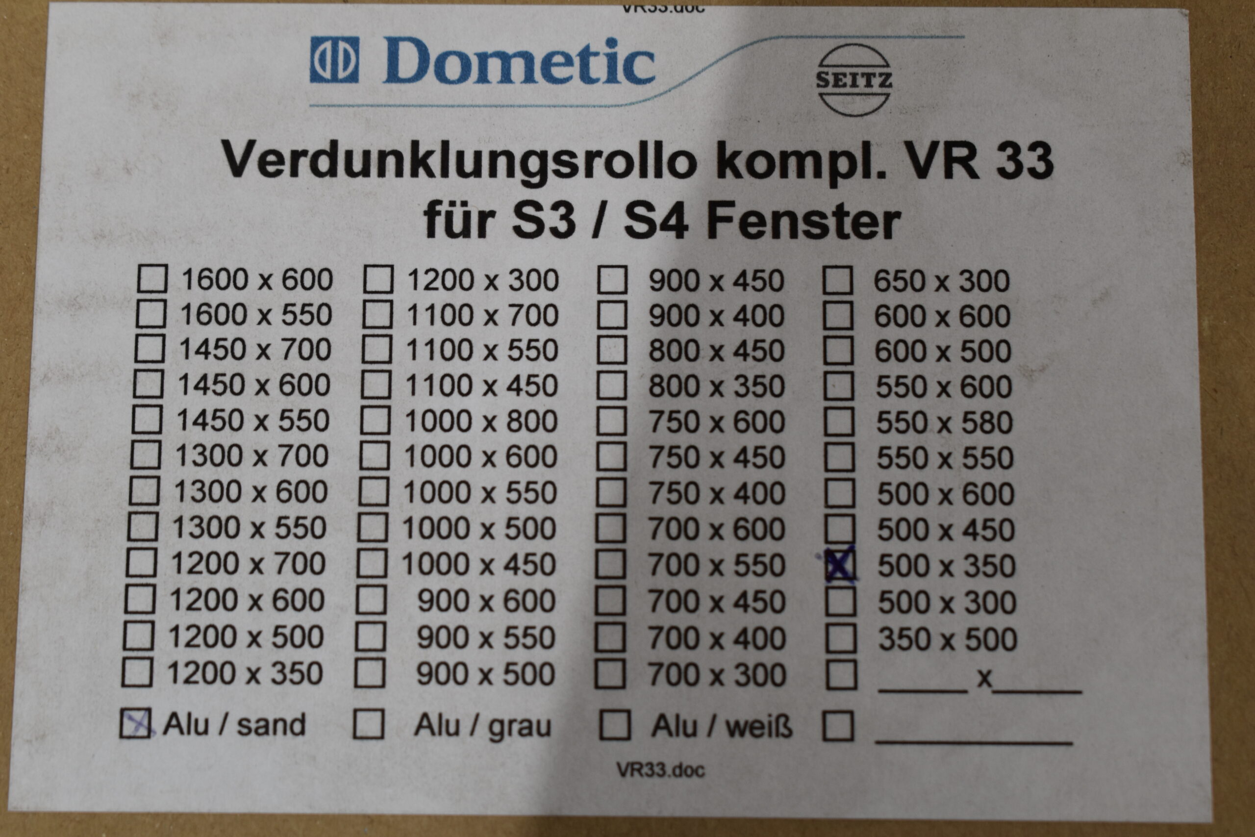 Dometic Verdunklungsrollo 500x350mm für S3/S4 Fenster