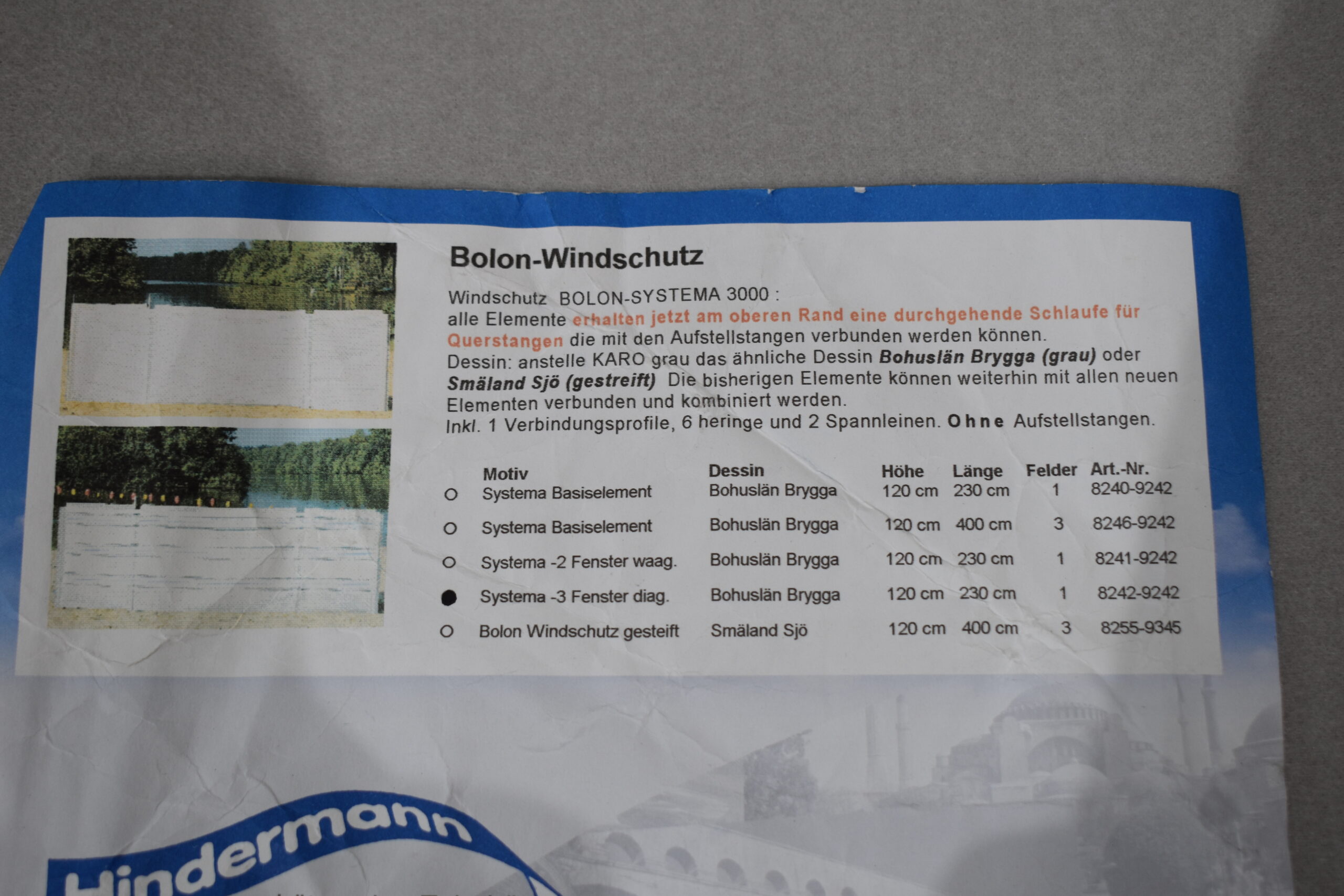 Bolon-Windschutz H= 1200 x L= 2300mm