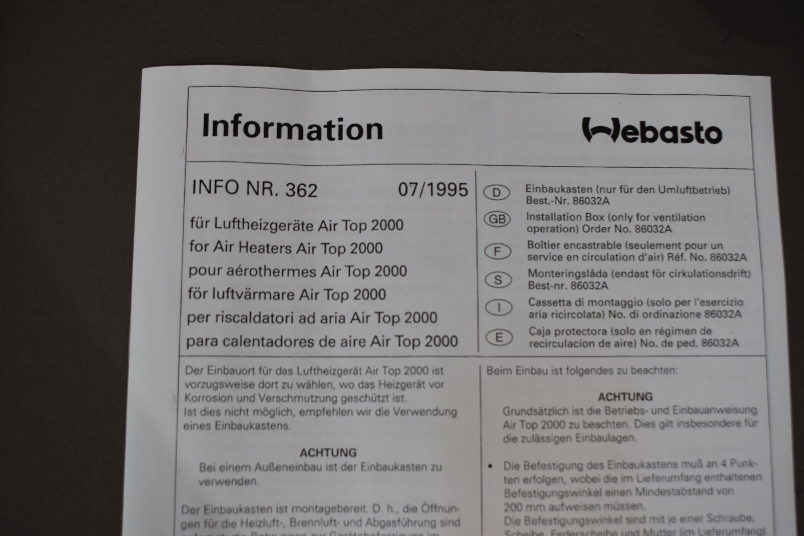 Webasto Unterflur Einbaukasten für Luftheizgerät Air Top 2000 – Bild 15