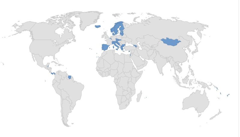 Countries with more than 1 WHS per million inhabitants
