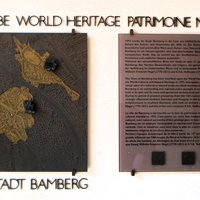 Plaque of Bamberg on the bridge underneath the Old Town Hall