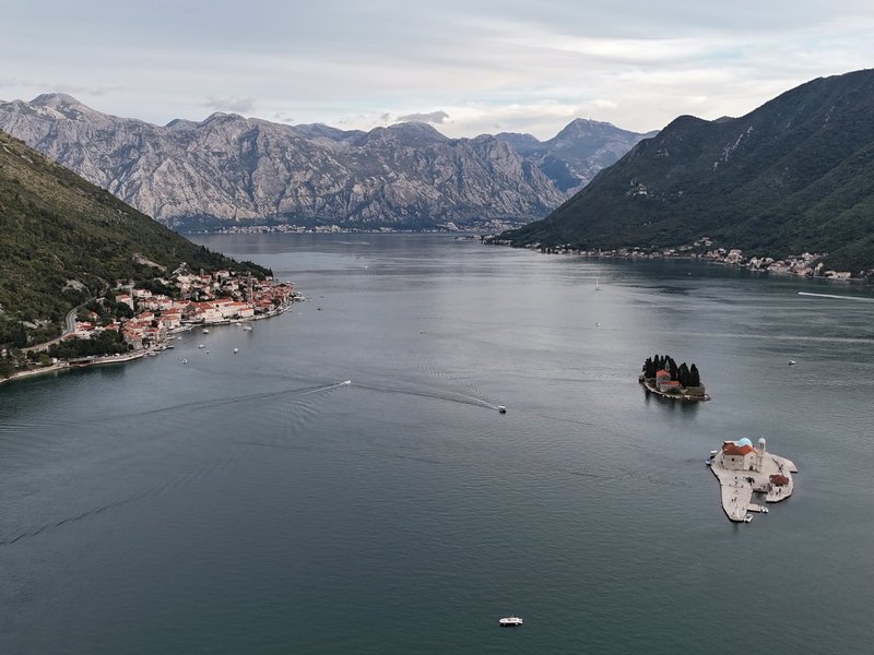 Drone view looking across the Gulf of Kotor