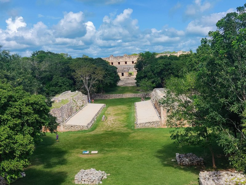 Ball court at Maya site of Uxmal, with Nunnery Quadrangle in backkground