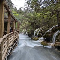Wooden trails along waterfall in Jiuzhaigou