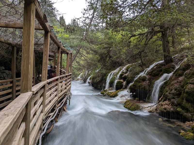 Wooden trails along waterfall in Jiuzhaigou
