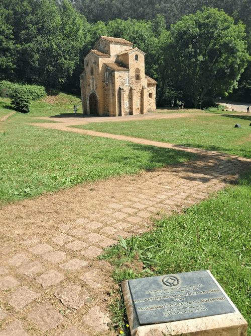 San Miguel de Lillo Church, including UNESCO plaque on the foreground (part of the Asturian Monuments WHS)