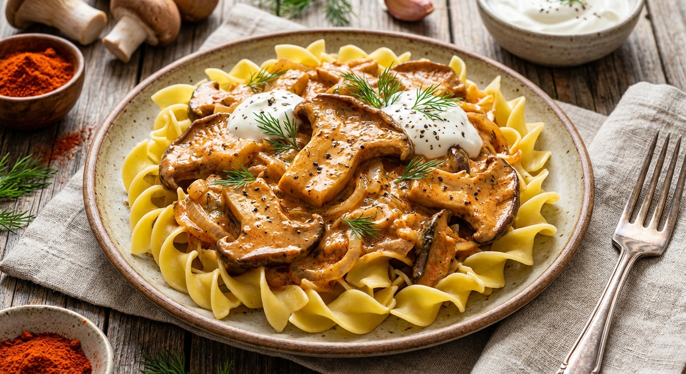 Hearty Pleurotus Stroganoff plate. Vivid, HDR, professional food photography